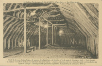 Saint-Angel : "L'Eglise-Forteresse de Saint-Angel (Corrèze) - La Charpente - Forêt de fermes, de jambages, de pannes, d'arbalétriers, de tirants : d'où le nom de charpente forêt. - Trois étages, le premier servait de dortoir aux habitants en cas d'alerte - Aspect : vaisseau renversé dont la quille se transforme en ligne de faîtage - Ouvrage remarquable de régularité, de symétrie, de précision, XVIe s.".