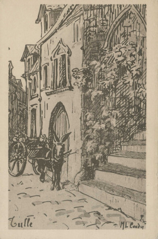 Tulle : "Tulle". Attelage et escalier du Trech, dessin.