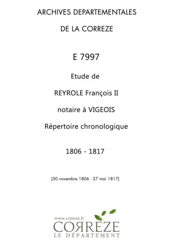 Répertoire chronologique : 30 novembre 1806-27 mai 1817