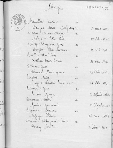 Tables décennales des mariages (1943-1952)