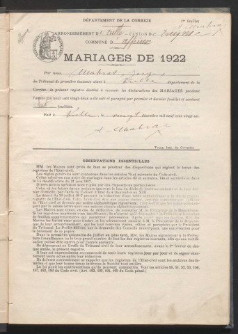 Mariages (1922-1932).