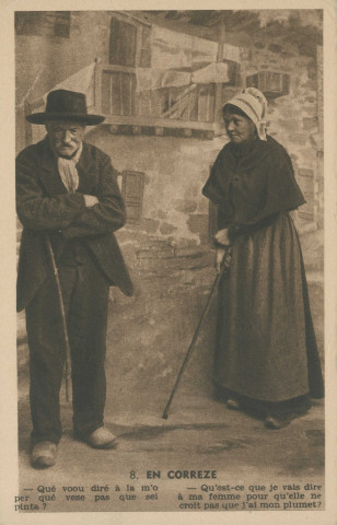 Folklore (scènes de) : "8. En Corrèze - Qu'est-ce que je vais dire à ma femme pour qu'elle ne croit pas que j'ai mon plumet ?". texte en limousin.