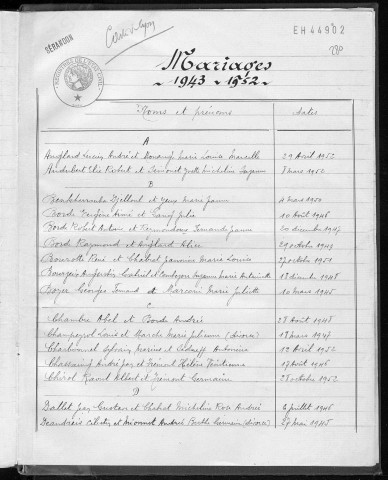 Tables décennales des mariages (1943-1952)