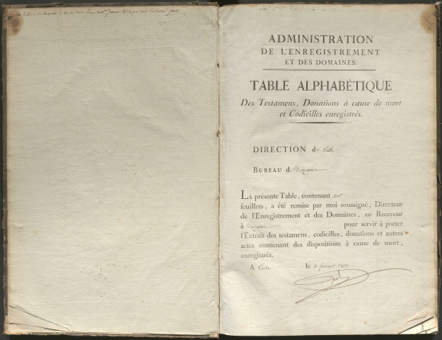 Table alphabétique des testaments, donations à cause de mort et codicilles enregistrés.