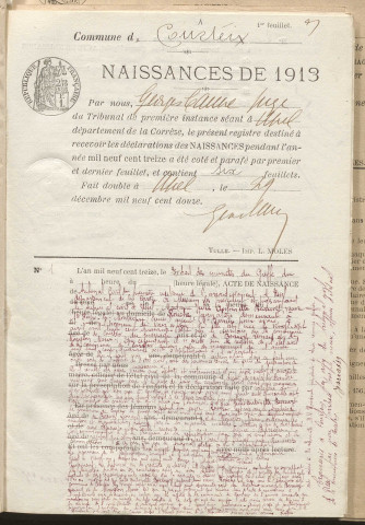 Naissances, mariages, décès (1913-1922).