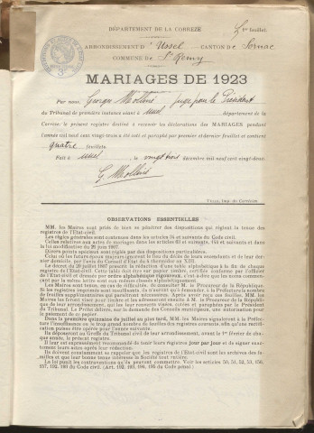 Naissances, mariages, décès (1923-1932).