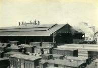 Gare : trains de marchandises devant la grande verrière.