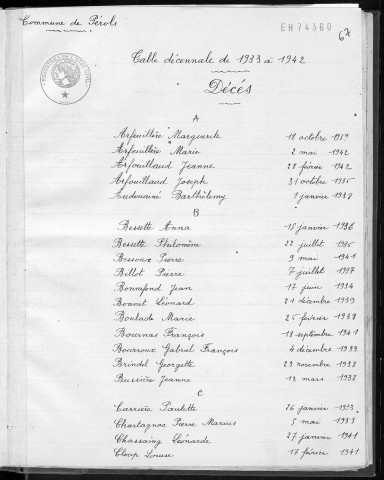 Tables décennales des décès (1933-1942)
