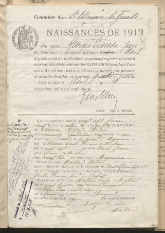 Naissances, mariages, décès (1913-1922).