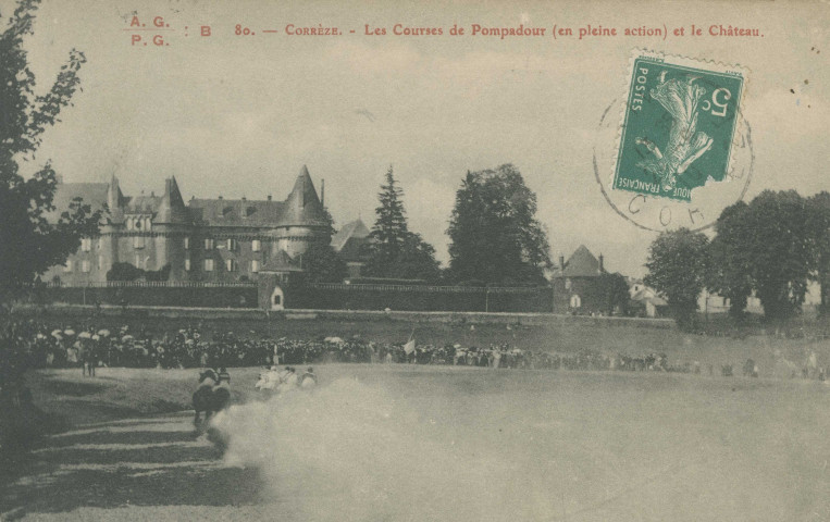 Arnac-Pompadour : "Pompadour - Corrèze - les courses de Pompadour (en pleine action) et le château".