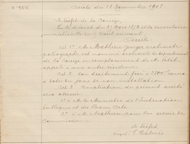 Arrêté de nomination du 18 novembre 1908. Arch. dép. Corrèze, 4K/94.