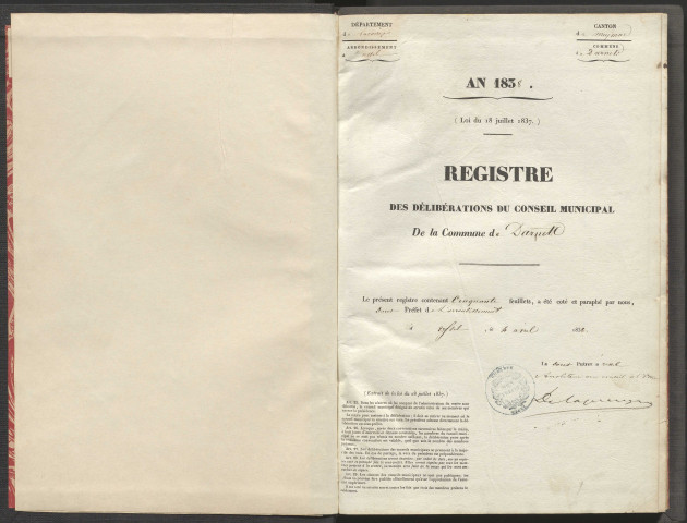 Délibérations du conseil municipal. 20 mai 1838-11 novembre 1855