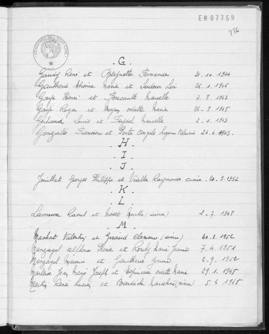 Tables décennales des mariages (1943-1952)