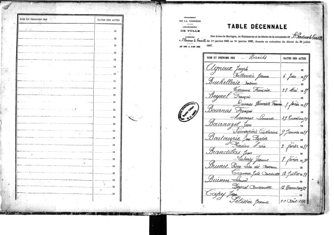 Tables décennales des mariages (1883-1892)