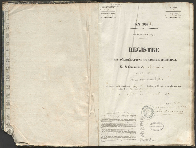 Délibérations du conseil municipal. 13 mai 1838-23 avril 1854