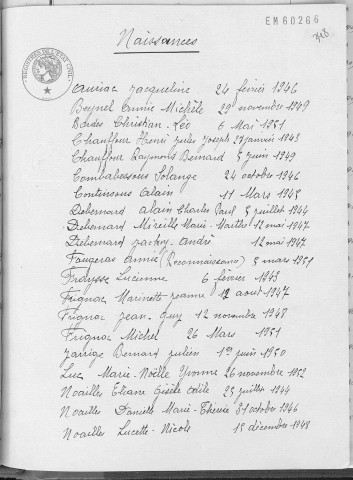 Tables décennales des naissances (1943-1952)