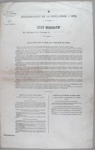 Population : listes nominatives (1872-1975), feuille récapitulative de la population de la commune (1982), dépouillement exhaustif (1990).
