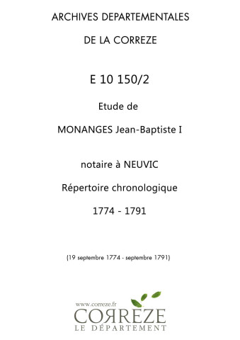 Répertoire chronologique : 19 septembre 1774-septembre 1791