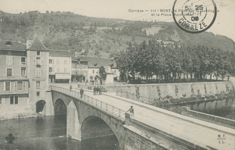 Bort-les-Orgues : "Corrèze - 111. Bort, le pont sur la Dordogne et la place Marmontel".