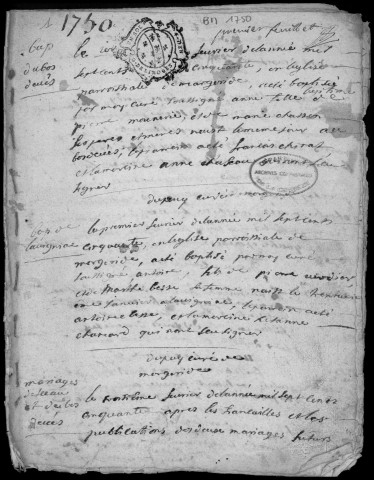 Baptêmes, mariages, sépultures (1750-1769)