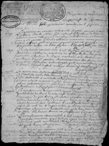 Baptêmes, mariages, sépultures (1703-1732)