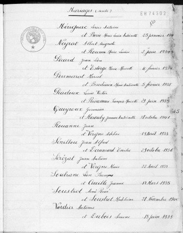 Tables décennales des mariages (1933-1942)
