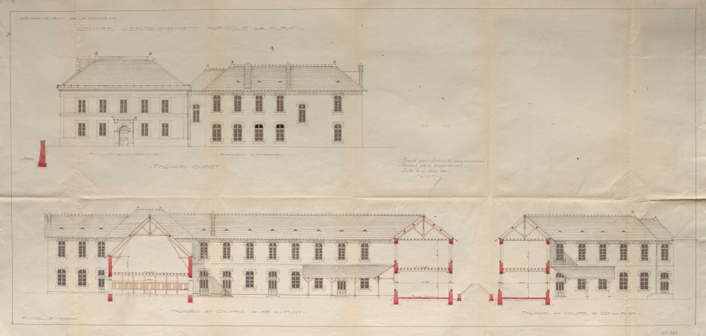 Voutezac, école d'arboriculture d'Objat-Voutezac (domaine de Murat).- construction et agrandissement : acquisition de la propriété (1919-1921), dossier de travaux et procès-verbaux d'adjudication, cahier des charges, correspondance, affiches d'adjudication (1922), travaux supplémentaires et plans (1923).