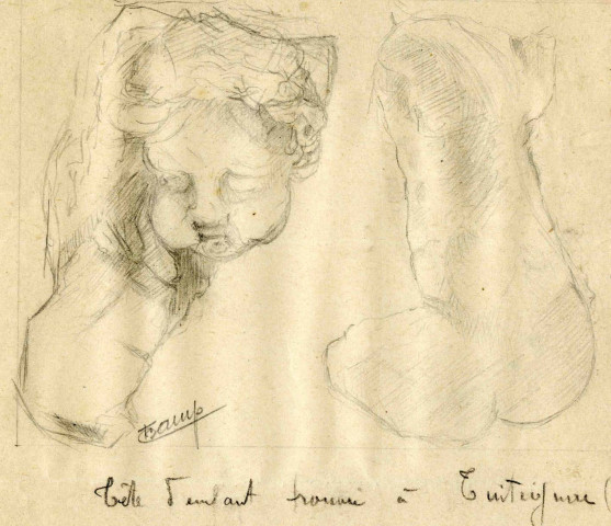 Esquisse d'une sculpture représentant une tête d'enfant.