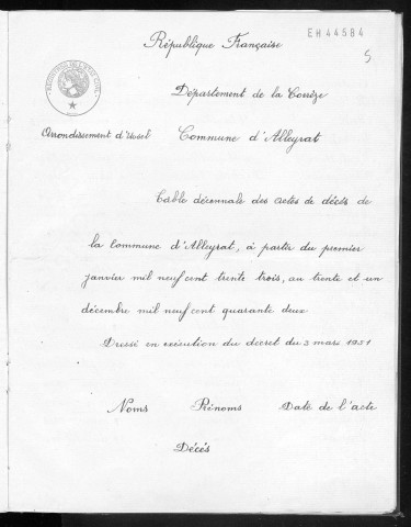 Tables décennales des mariages (1933-1942)