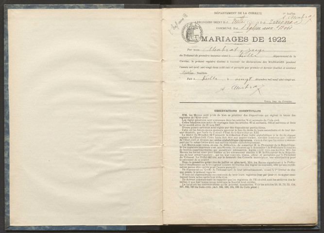 Mariages (1922-1932).