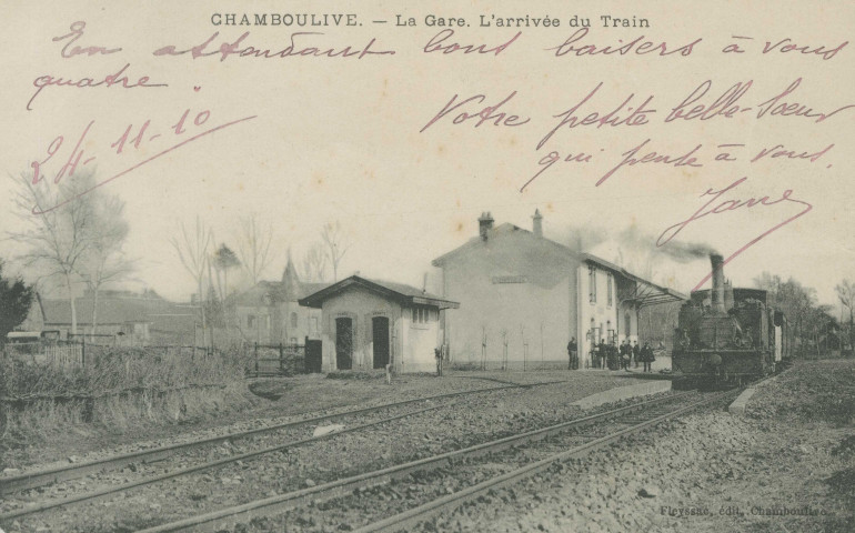 Chamboulive : "Chamboulive. - La gare. L'arrivée du train".