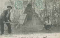 Folklore : "Corrèze - 131 - Environs de Neuvic, hutte de charbonniers, et charbonniers préparant la popote".