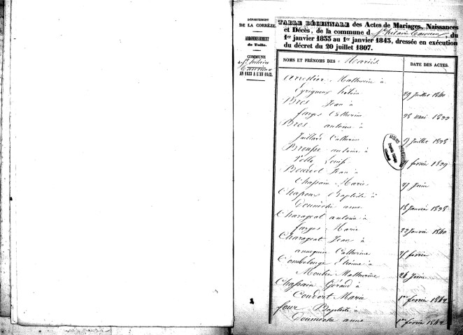 Tables décennales des mariages (1833-1842)