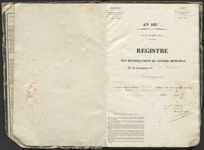 Délibérations du conseil municipal. 13 mai 1838-07 septembre 1856