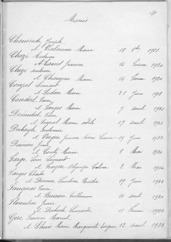 Tables décennales des mariages (1913-1922)