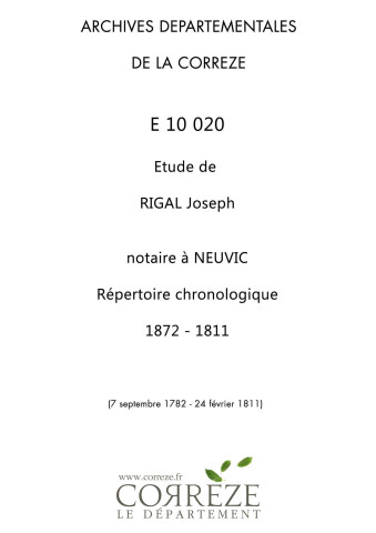 Répertoire chronologique : 7 septembre 1782-24 février 1811