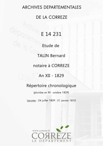 Répertoire chronologique : pluviôse an XII-octobre 1829