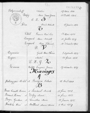 Tables décennales des mariages (1933-1942)