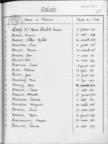 Tables décennales des décès (1943-1952)