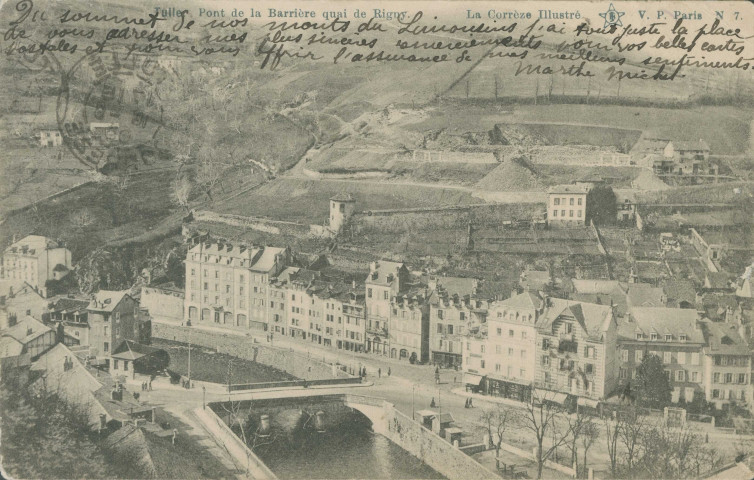 Tulle : "Tulle. Pont de la Barrière quai de Rigny - La Corrèze illustré. N.7.". Chantier de construction du collège Clemenceau.