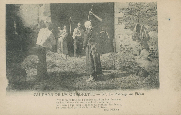 Folklore : "Au pays de la chabrette - 67. Le battage au fléau". Poème de Jean Nesmy.