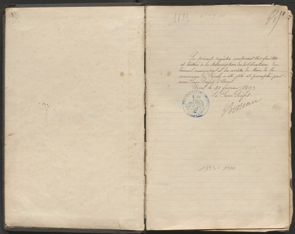 Délibérations du conseil municipal de Pérols. 26 février 1893-1er juillet 1900
