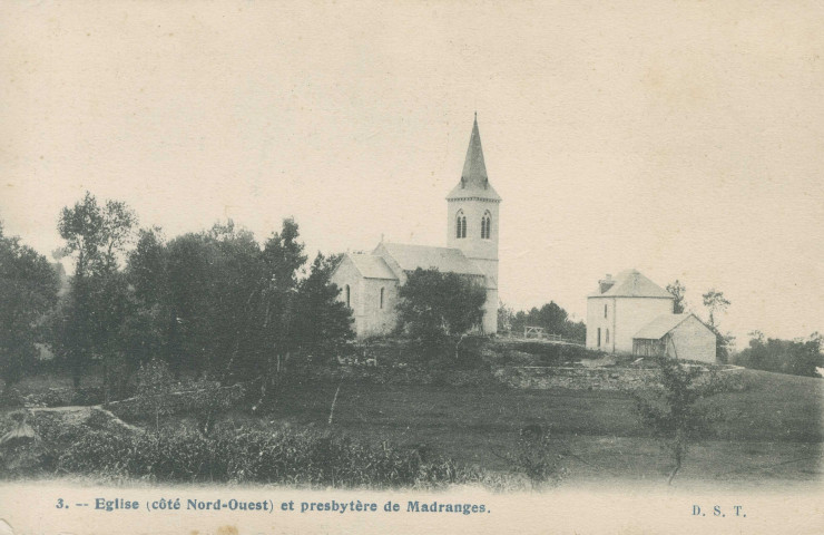 Madranges : "3. - Eglise (côté Nord-Ouest) et presbytère de Madranges.".