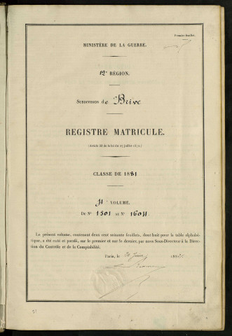 Classe 1881 : matricules1501 à 1604.