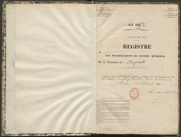 Délibérations du conseil municipal. 02 mai 1852-16 août 1858