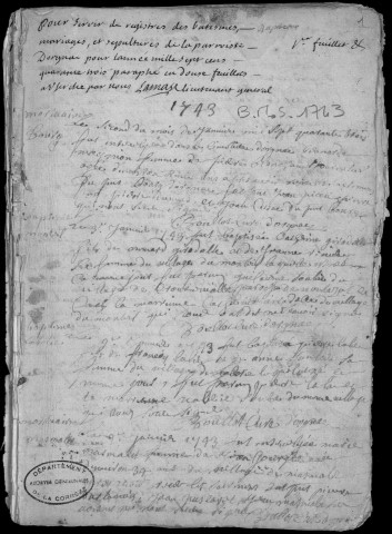 Baptêmes, mariages, sépultures (1743-1762)