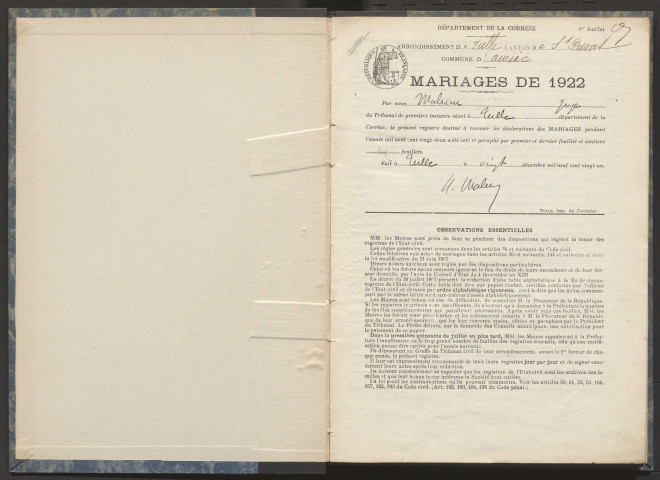 Mariages (1922-1932).