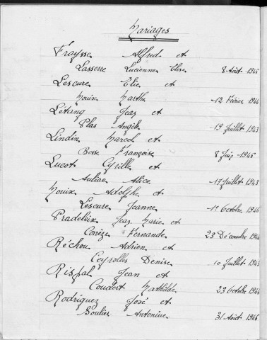 Tables décennales des mariages (1943-1952)