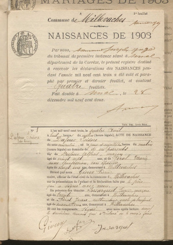 Naissances, mariages, décès (1903-1912).