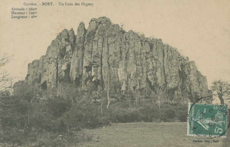 Bort-les-Orgues : "Corrèze. - 115 - Bort. - Un coin des Orgues - Altitude : 780 m - Hauteur : 100 m - Longueur : 2 kms.".
